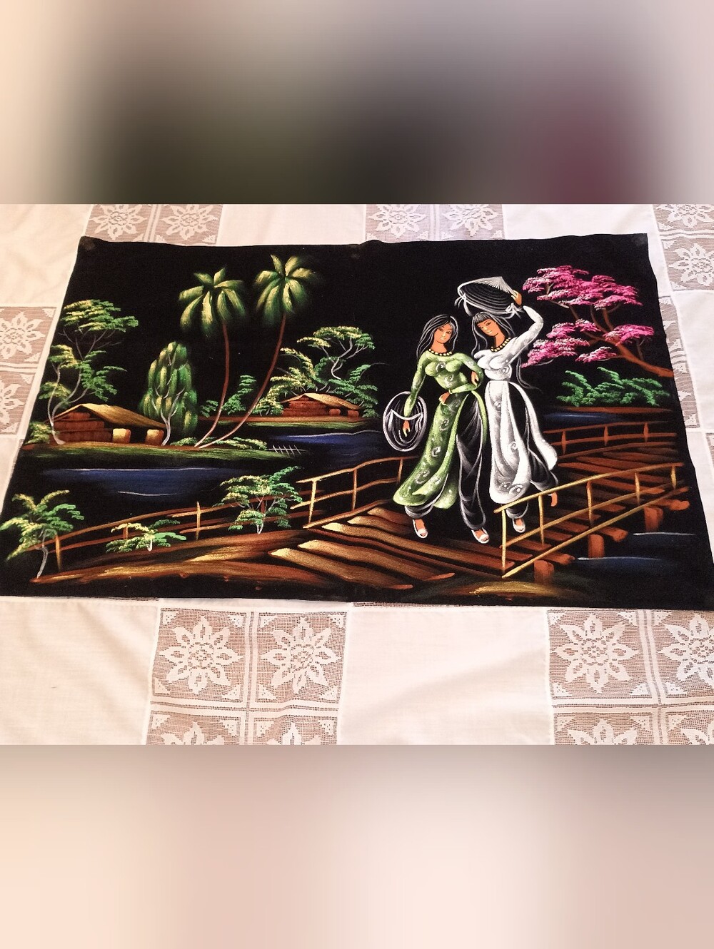 Mid Century Modern Hawaiian Asian Black Velvet Painting 30 x 19.5 Unframed.